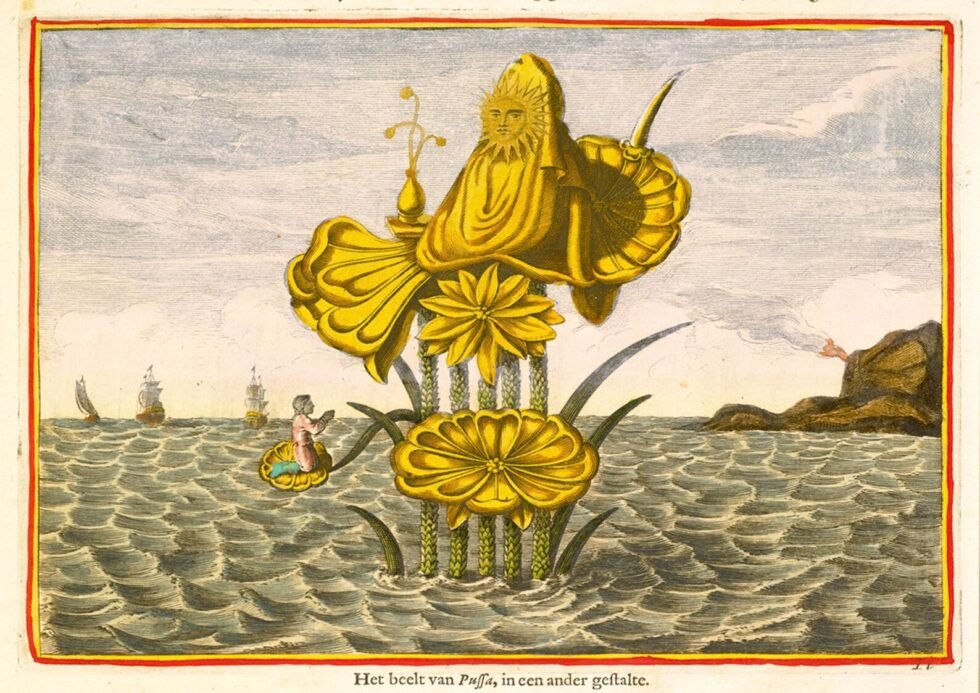 Pussa auf einem Lotus, Kupferstich aus Athanasius Kirchers China illustrata